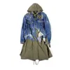 Trench de trincheira masculina mihara yasuhiro sanyuan primavera danificada jeans splice militar verde japão estilo homem comprimento windbreaker falsion duas peças 230424