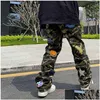 Men's Pants High Street Camuflage dżinsy męskie haftowane streetwear marka mody American Hip Hop prosty casual Cargo H1223 Drop Dhy4B