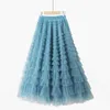 Skirts Cake Princess Long Tulle Skirt for Women Spring Summer Elastic High Waist Layer Cake Fresh Sweet Coffee Skirts Female 230425