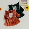 Meisjes Jurken Winter Prinses Babyjurk Ruche Lange Mouw Ronde Hals Kant Patchwork Corduroy Aline Party voor geboren 231124