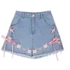 Shorts pour femmes 2023 90 Harajuku Lolita Style Denim Girly Sweet Cute Cartoon Piggy Broderie Bow Bandage Pantalon court Femmes Kawaii Jeans