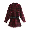 Casual Dresses Ardm 2023 Kvinnor för fransad trim Tweed Plaid Tassel Mini Dress Office Ladies With Belt Vintage Winter