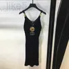 Basic & Casual Dresses designer Sexy Portrait Embroidery With Branded Letters Gold Plated V-Neck Hanging Strap Metal Buckle Knitted Hip Wrap Dress Women's