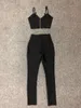 Kvinnors byxor två stycken uppsättningar bodycon bandage set 2023 svart v nack spaghettir rems bodysuit rompers womens jumpsuit lång sexig