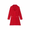 Casual Dresses Suit Collar Red Knitted Dress Spring 2023 Commuting Fashion Waist Long Sleeve Pure Color Tweed Mini