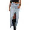 Skirts Front Slit Long Denim Skirt Distressed Women Maxi Zipper Closure High Waist Jean Y2K Style Solid Color Daily Outfit