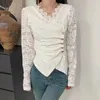 Camicette da donna a maniche lunghe con scollo a V camicia di pizzo ricamato 2023 moda coreana sottile pieghettato camicetta vintage casual all'uncinetto top eleganti 30120