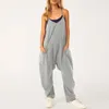 Jumpsuits voor dames rompers mouwloze jumpsuit zomer vintage vaste grote pocket losse wide been casual all-in-one kleding 230425