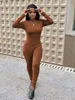 Women's Jumpsuits Rompers LW jumpsuit round neck tight basic solid sheath body shape casual elastic simple fitting long sleeved 230425