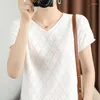 Women's T Shirts Summer Cotton Loose Graphic T-shirts For Woman Female V-neck Short-sleeve Simple Knitted Top Plus Size Knitwear Tees 7-5