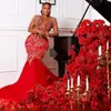 2023 Aso Ebi Red Luxuriöse rote Meerjungfrau mit langen ÄrmelnTüll-Abschlussballkleider Perals Abend-Geburtstagsfeier Kleider für den zweiten Empfang Afrikanisches Kleid Verlobungskleid ST300