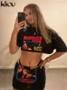 Abito da due pezzi Kliou Street Street Stampa a due pezzi Set Women Casual Crew Neck Bare Midriff Crops Top