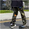 Men's Pants High Street Camuflage dżinsy męskie haftowane streetwear marka mody American Hip Hop prosty casual Cargo H1223 Drop Dhy4B
