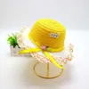 s Girls Beige Flower Wreath Straw Cap Wide Wavy Brim Summer UV Protect Sunscreen Beach Hats 3-8 Years P230424