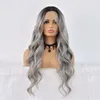 1B/Grey Ombre Lace Front Synthetic For Women 24 Inches Long Wavy Natural Dark Root To Silver Gray Hand Tied Hairline Heat