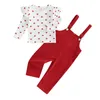 Clothing Sets Valentine's Day Children Girls Heart Print Ribbed Ruffles Long Sleeve T-shirts Pocket Suspender Pants Overalls