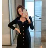 Casual Kleider Frühling Schwarz Maxi Kleid Langarm Quadrat Kragen Frauen Trompete / Meerjungfrau Retro Vestidos Elegantes Para Mujer Koreanische robe