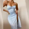 Robes décontractées femmes robe été mode élégant imprimé fleuri bretelles spaghetti coupe basse Bustier poitrine Wrap Empire Sexy fendu Long