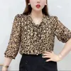 Women's Blouses Clothing Korean Fashion Satin Printed Bow Elegant Blouse Spring Summer Casual 3/4 Sleeve Shirts Ladies Loose Tops Blusas