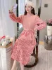 Casual Dresses Corduroy Knitting Vestidos Long Sleeves Floral A-Line Vintage Women Autumn Winter Bow Sweet Robe Femme 2023