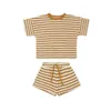 Clothing Sets Ins 2022 New Summer Waffle Children's Short Sleeved Suit Boys and Girls T-shirt Shorts Baby Pit Strip Cotton