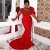 2023 Aso Ebi Red Luxuriöse rote Meerjungfrau-Abschlussballkleider aus Tüll mit Perlen für Abend, Geburtstag, Party, zweiter Empfang, afrikanisches Nigeria-Kleid für Verlobung mit schwarzem Gilr ST301