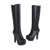 Boots 2023 Womens Designer Leather Round Toe Zipper Knee High Black Gothic Shoes Heels Sexy Super Big Size 50 702