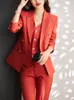 Women's Suits Blazers Autumn Winter Women Vest Blazer and Pant Suit Orange Navy Khaki Office Ladies Formal Business Work Career Wear 3 Pieces Set 230426