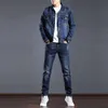 Smart Business Tracks Peits Simple Blue Men Tweedelige sets Spring Herfst Denim Jacket en Jeans Fashion Slim Trendy Stretch Mens Clothing