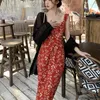 Lässige Kleider Bohemian Lange Maxi Urlaub Datum Mädchen Frauen 2023 Sommer Ärmellos Rot Blumendruck Retro Vintage Fliege Kleid