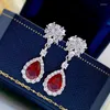 Stud Earrings Luxury 925 Sterling Silver Red Corundum 7 10MM Ruby Drop For Women Full Lab Diamond Party Wedding Ear Fine Jewelry