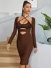 Freizeitkleider Ailigou 2023 Damen Midi Verbandkleid Sexy Langarm V-Ausschnitt aushöhlen Bodysuit Promi Club Party Vestidos