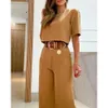 Women's Two Piece Pants Casual Fashion Women Half Sleeve Crop Tshirt Wide Leg Set Summer Femme Office Lady Pieces Suit Workwear Outfits 231124