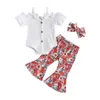 Kleidungssets Baby Mädchen Sommer Overalls Set Knopf Kurzarm Strampler und Kuhkopf Blumendruck Elastische Schlaghose Stirnband