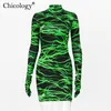 Dresses Chicology neon lightning print gloves mini dress women bodycon long sleeve 2019 autumn winter party club sexy lady clothes