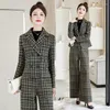 Pantalon de deux pièces pour femmes Femmes Petit Parfum Laine Deux pièces Ensemble Plaid Court Blazers Manteaux Droite Large Jambe Costume Mode Dame Haute