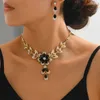 Bärade halsband obega elegant blommor form svart zirkon halsband örhängen smycken set mode guld plätering bankett tillbehör för kvinnor gåva 231124