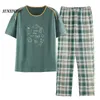 Women's Sleepwear Summer Two Piece Sets for women Short Sleeved Plaid PJ Knitted Cotton Sleepwear Elegant Women's Pajamas Lounge Home Pijama jer