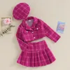 Abiti coordinati per la famiglia 4 7Y Moda Bambini Ragazze Set di vestiti autunnali 3 pezzi Bambino Manica lunga Cappotto con bottoni Gonna scozzese a pieghe Cappello Bambini caldi 231124