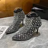 Dames Sexy Women's 103 Ankle Modern Boots Rhinestone Slip-on Pointed Toe Dunne Heel Mesh Shoes Women 231124 327