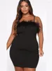 Plus Size Kleider Partykleid Frau Elegante Federn Träger Sexy Nachtclubwear Schwarz Slim Bodycon Short Mini