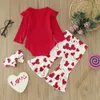 Zestawy odzieży Dzieci Walentynki Serce Suit Dziewczyny Romper Romper Bodysuit Prints Bell Bottoms Pants Outfits roupa Infantil