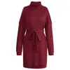 Casual Dresses Elegant Knit Dress With Neck And Cold Shoulder Waist Tie Mini Perfect For Various Occasions