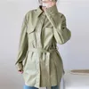 Spring Autumn Waistband Faux Leather Shirt Coat Women Button Up Loose Fit Soft Pu Long Blouses Jacket