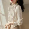 Frauenblusen High -End White Seiden Frauen Stand Halsband Langarm Bluse Frauen Kleidung Fashion Temperament Ladies Tops Blusa Mujer