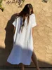 تغطية الشاطئ للسباحة للسيدات لملابس السباحة الصلبة Kaftans v الرقبة التجاعيد Rayon Bohemian Maxi Dresses Swimwear Suits S 230425