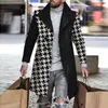 Herren Wollmischungen Retro Houndstooth Print Spleißen Wollmantel Männer Casual Umlegekragen Knopfjacke Herbst Winter Tasche Lange Windjacke Mann 231124