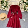 Casual Dresses Korean Women's Sweet Row Buckle Waist Thin Long Sleeve Knit Sweater Dress Autumn And Winter Solid Color Vestidos J78