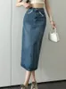 Skirts High Waist Women's Denim Wrap Jeans Back Split Female Straight Midi Pockets 2023