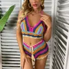 Women's Swimwear Crochet Bikini Sets Multi Color Knitted Rainbow Striped Off Shoulder Top Bottom Bikini Beachwear Bathing Suit Women Swimsuit 230425